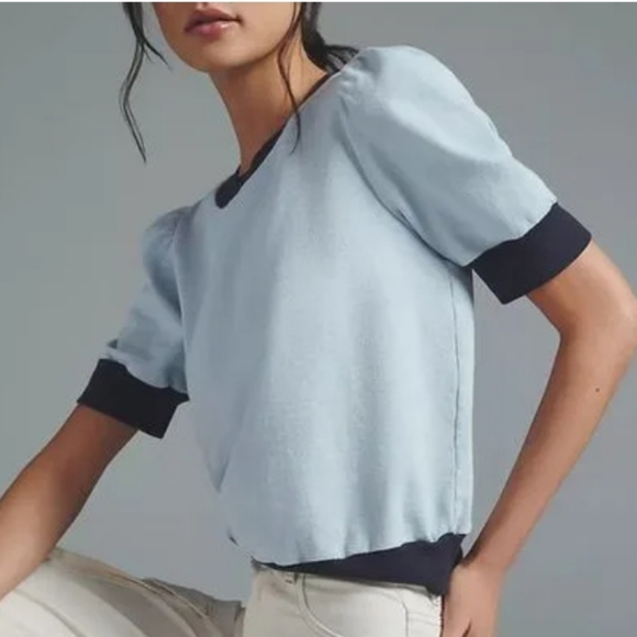Anthropologie Tops - Anthropologie T.La Top Colorblock Puff Sleeve Shirt Light And Dark Blue Small